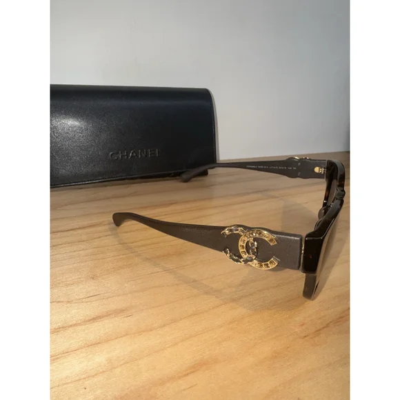 Chanel 5456QA Women's Sunglasses Butterfly CC Logo w Crystals Rare Brown Leather